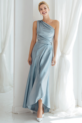 Blaues Langes Brautjungfernkleid aus Satin mit einer Schulter und Rüschen